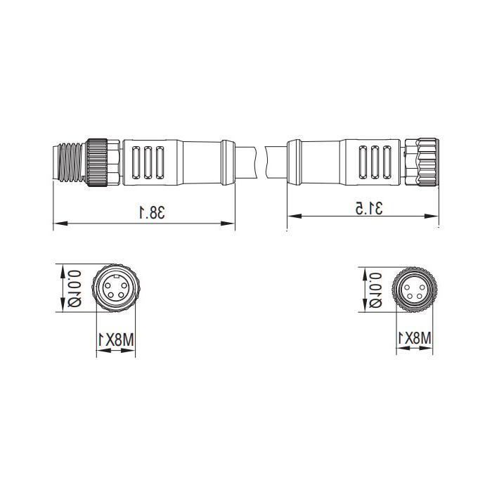 M8 4Pin female straight turn male straight, double-ended precast PVC non-flexible cable, gray sheathing, 63D423-XXX